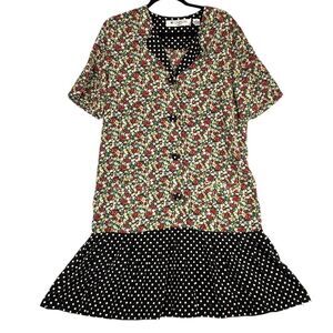 MS CHAUS PETITES Ruffle Hem Dress Short Sleeve Floral And Polka Dot